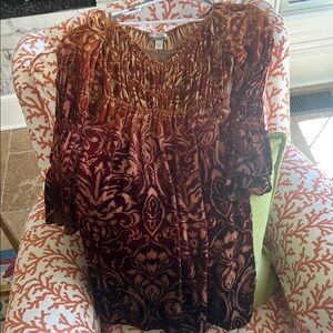 Boston Proper Red and Gold Smocked Midi Dress